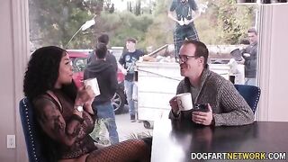 Ebony babe Paris The Muse gets her mouth full of ten dicks
