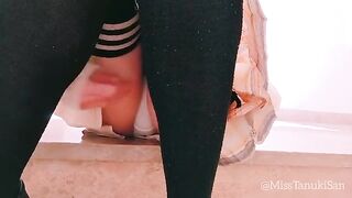 Japanese schoolgirl endows herself with cum after masturbating her pussy in public