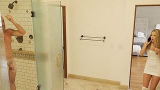 Athena Faris, the petite stepdaughter, sneaks into the shower with her stepdad for fun
