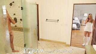 Athena Faris, the petite stepdaughter, sneaks into the shower with her stepdad for fun