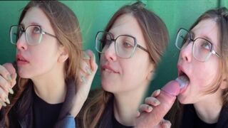 Public blowjob with step sister ends in cum shot