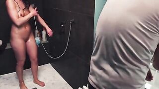 Wife gives a handjob in the shower with ruined orgasm