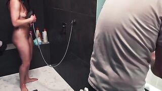 Wife gives a handjob in the shower with ruined orgasm