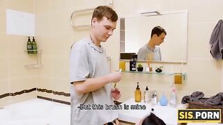 Girl uses her stepbrother's toothbrush and he gets horny. That’s MY toothbrush and that’s MY cock