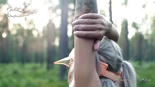 A hot blonde got lost while jogging and had to fuck in the woods