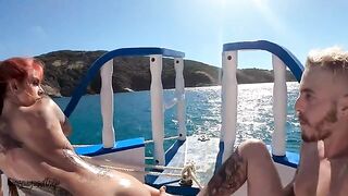 A man fucks his girlfriend on the boat and then cumms on her