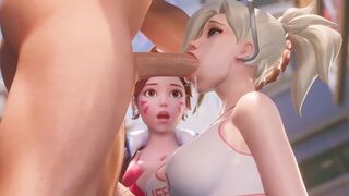 Mercy teaches DVA how to make a deepthroat move in this hot Overwatch 3D scene