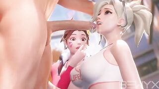 Mercy teaches DVA how to make a deepthroat move in this hot Overwatch 3D scene