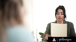 Busty lawyer Vanessa Sky spanks and fingers her junior associate Kayley Gunner