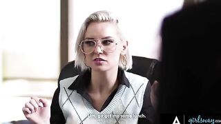 The boss, played by the stunning Kenzie Taylor, punishes her employees in a steamy Girlsway scene