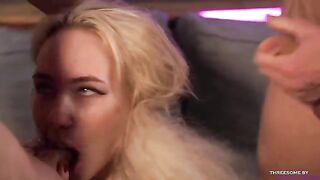 Two guys with one huge cock each, blonde's mouth full