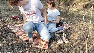 A slutty girl went camping and met a guy, fucked outdoors