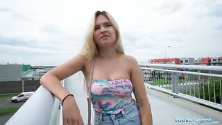 Public Agent Irina Cage flashes tits and ass on the bridge