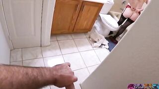 Stepmom undresses after work and gets ready to shower, while her stepson watches and masturbates
