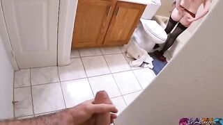 Stepmom undresses after work and gets ready to shower, while her stepson watches and masturbates