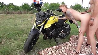 A juicy cutie got fucked by a stranger on a picnic, her mouth filled with cum