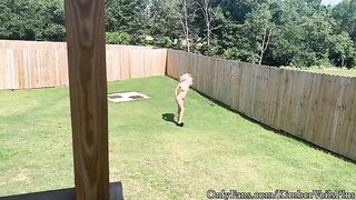 A girl is getting naked in the backyard and then has a quickie on the porch