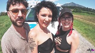 Two Italian couples enjoy a sex party in their camper on open space