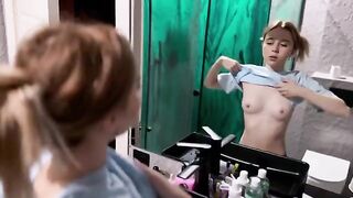 The girl made a surprise for her boyfriend in the bathroom