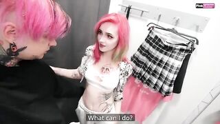 A girl rubs her pussy in the dressing room and gets fucked by a sales consultant