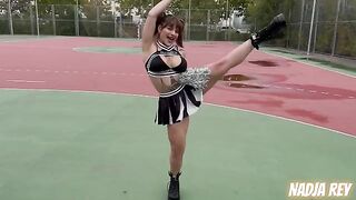 Cheerleader girl fucks on the street and swallows cum