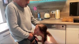 The old guy is fucking his young German amateur in the kitchen