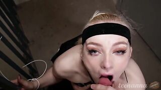 A girl with blue eyes skillfully sucks cock