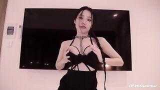 Asian girl in a black dress, high heels, squirted and cum inside