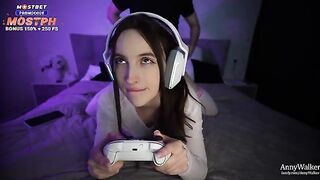 A gamer gets his dick sucked by his stepsister and then she rides him