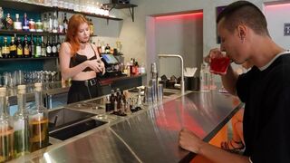 The hot bartender's lingerie drives the customer wild