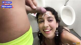 Public blowjob and cumwalk action by the waterfall