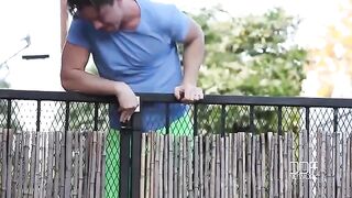 A neighboring guy fucks a busty brunette with natural tits hard