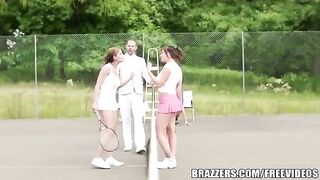 A girl has sex with her friend and rich uncle on a tennis court