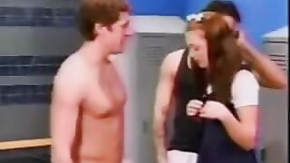A schoolgirl got fucked by two guys in a locker room