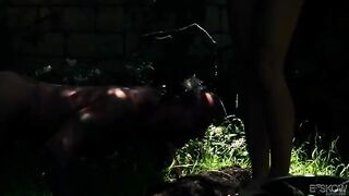 Blonde beauty gets fucked in the garden by a mystery guy