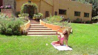 Blonde girl with big boobs has sex right on the grass