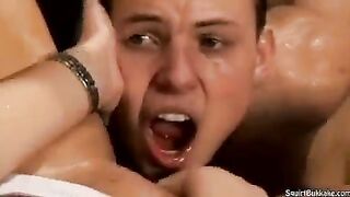 Bukakke in the mouth with a hot finish