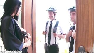Appetizing brunette with big tits was fucked by two Jehovah's witnesses