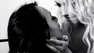 Lesbian beauties fuck each other with dildo on the bed