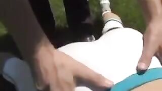 A cum shot on the boobs of a beautiful busty brunette