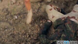 Two blondies getting fucked by a guy in an abandoned house