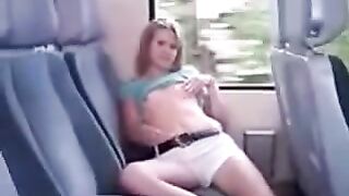 On the bus, ironing pussy through panties began