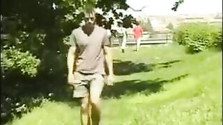 A guy caresses his big cock in the hayloft, imitating a blowjob