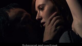 Redhead teen gets fucked hard in a dark room, bondaged
