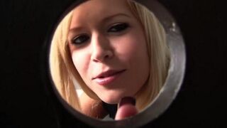 A blonde woman sucked a dick through a hole in the toilet bowl
