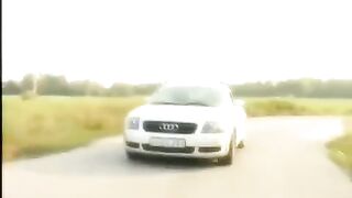 Blonde teen got her shaved pussy licked outdoors on the bonnet