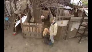 A cute Russian girl has sex right in the village with a guy