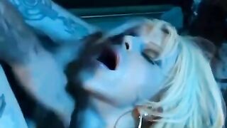 Blonde in a corset and stockings, big boobs, deepthroat action