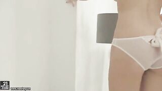 Skinny blonde masturbating her hairy pussy with intense pleasure