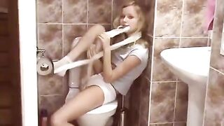 A blonde has sex in the public toilet and she enjoys it very much